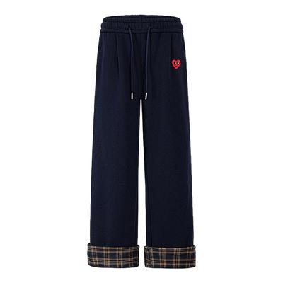 查尔斯桃心格子卷边毛呢裤子男女冬季加绒加厚保暖卫裤宽松休闲裤