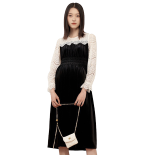 SELLYNEAR孕妇装春秋季新款连衣裙时尚经典赫本风丝绒拼接蕾丝裙