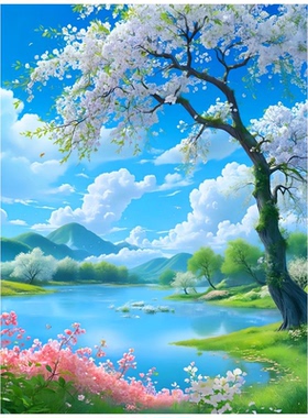 唯美桃花流水风景自粘贴画客厅卧室玄关装饰自粘贴纸防水墙贴
