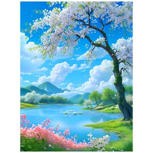 唯美桃花流水风景自粘贴画客厅卧室玄关装饰自粘贴纸防水墙贴
