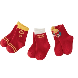 [A类]儿童袜子秋冬保暖男宝宝新年三双装红过年袜四季3女童中筒袜