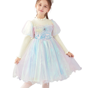 女童连衣裙2025秋冬装新款儿童爱莎公主裙毛衣裙洋气网纱裙童装