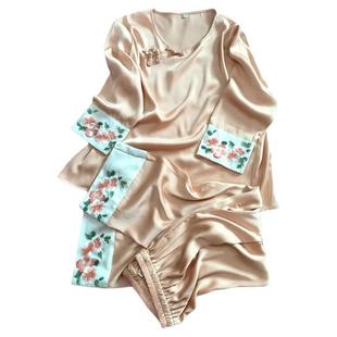 苏绣刺绣花真丝盘扣家居服中国风醋酸缎丝绸古风套装睡衣娘娘寝衣