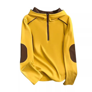 秋冬德绒拼色连帽打底衫女显瘦时尚半拉链长袖气质百搭休闲上衣