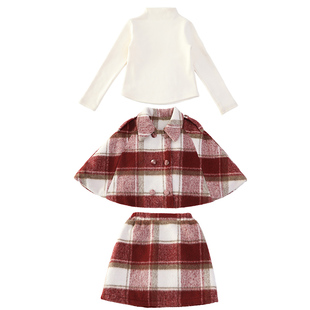 女童加厚夹棉格子套装秋冬新款小香风中大童披肩外套半身裙两件套