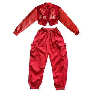 红色刺绣短外套kpop女团舞蹈打歌服爵士街舞套装成人jazz跳舞穿搭