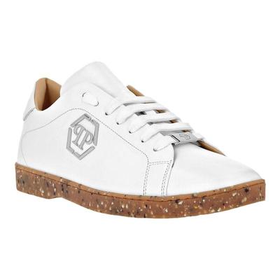 PhilippPlein男鞋侧面金属标徽白色柔软小牛皮系带运动鞋