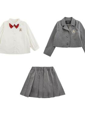 幼悠女童定制学院风2026春季短款西服百褶半裙正肩翻领衬衫三件套
