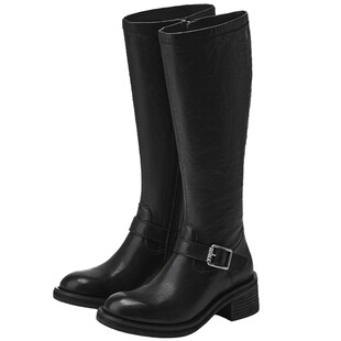 73hours女鞋关键帧冬季新款复古水洗皮粗跟骑士靴显瘦长筒靴