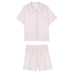 馨帮帮Homedress 卡通猫咪花边条纹睡衣女夏季外穿短袖家居服套装