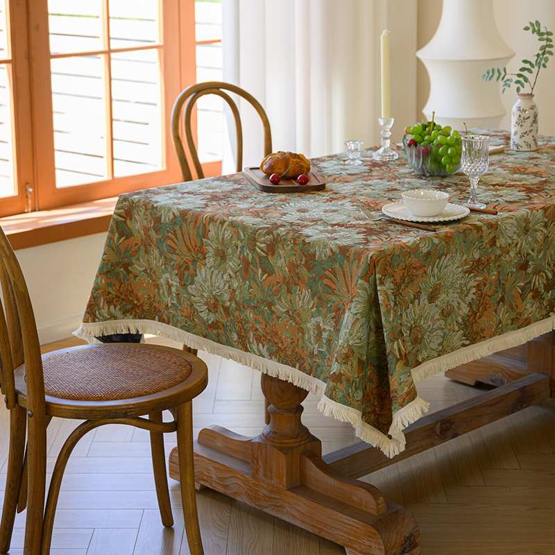 美式棉麻布艺桌布田园风高级感餐桌布油画风色织提花台布茶几盖布
