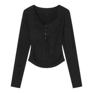 ACMEAURA巨好看的早秋上衣女内搭打底衫美式亨利领修身长袖T恤女