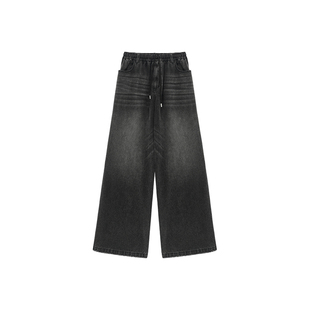 Unvesno(UN) 橡筋腰松弛感宽松直筒拖地牛仔阔腿裤