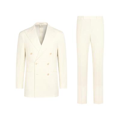 SUITSUPPLY米白色亚麻混纺男士双排扣西装套装