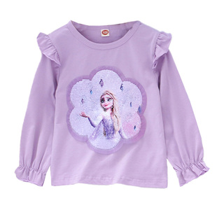 女童纯棉变色亮片长袖t恤 春秋款儿童装小女孩宝宝卡通上衣体恤衫