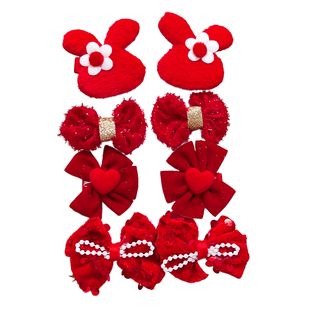 2026新款儿童发夹红色蝴蝶结女孩新年头饰过年氛围感发饰对夹边夹