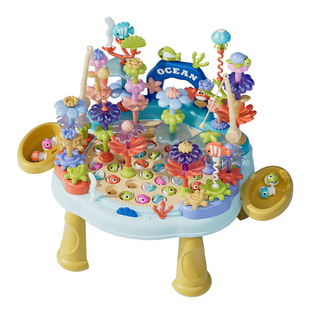 纽奇积木花电动磁吸旋转钓鱼盘拼插积木桌玩具多功能互动新年礼物