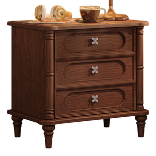 美式复古实木床头柜保险箱一体柜子黑色复古卧室白蜡木床边柜带锁