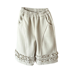 女童纯色木耳花边直筒裤冬季新品韩系女宝宝百搭加绒阔腿裤长裤子