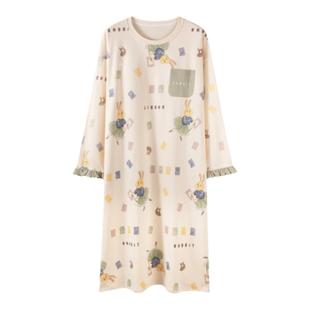 卡之恋睡裙带胸垫长袖春秋款睡衣纯棉可爱连衣裙长款可外穿家居服