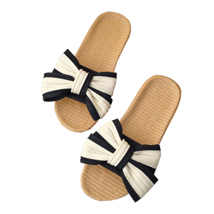 新款ins韩版蝴蝶结亚麻棉麻凉拖鞋女夏防滑软底室内居家鞋可外穿