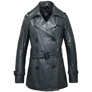 女士头层绵羊真皮皮衣女中长款修身风衣腰带青年休闲时装外套乐