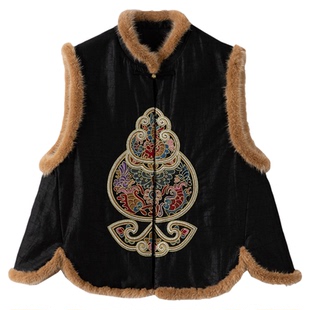 丝艺填充100%桑蚕丝香云纱龟裂纹刺绣水貂毛真丝马甲棉服国风外套