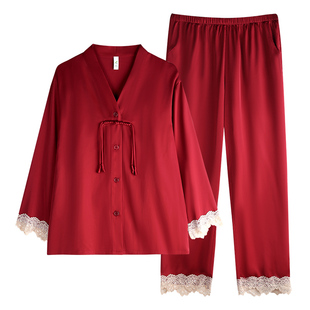 轩靓冰丝新中式国风睡衣女春秋季薄款仿真丝绸红色结婚家居服套装
