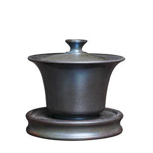 柴烧盖碗建水紫陶三才高端全手工功夫陶瓷建盏泡茶套装可悬停旋转