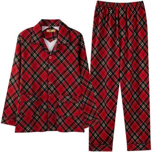 男士睡衣春秋季纯棉长袖格子中老年秋冬薄款红色本命年家居服套装