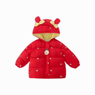 女童羽绒棉服冬装2025新款洋气儿童红色棉袄宝宝加绒加厚棉衣外套