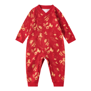 欧孕婴儿连体衣新年冬装纯棉打底男女宝宝周岁衣服拜年服哈衣爬服