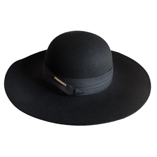 赫本风经典黑色羊毛呢大檐帽女式时尚木耳边羊毛帽礼帽女帽子秋冬