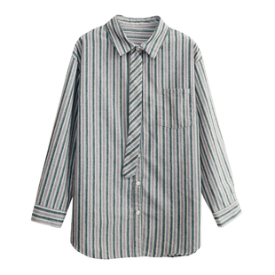 花吉C166灰绿【可拆卸领带】植绒条纹长袖衬衫女2026新款春衬衣