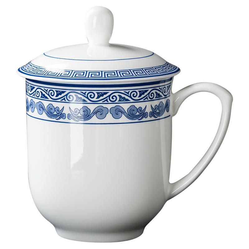景德镇骨瓷茶杯陶瓷办公杯带盖家用青花瓷喝水杯子泡茶会议杯定制