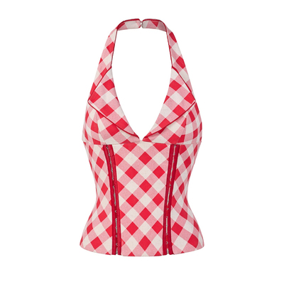 【Mai同款】LSOUL 红白格挂脖上衣露背收腰设计复古风甜心上衣