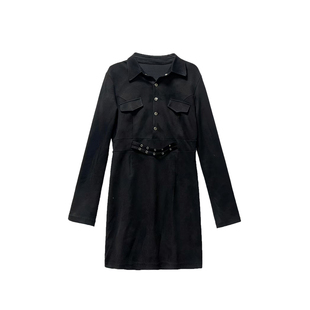 南黑微胖纯欲黑色衬衫长袖连衣裙女2026新款大码收腰胖mm显瘦裙子