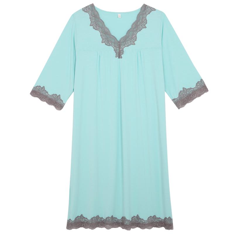 七分袖睡裙2025薄款撞色甜美柔软蕾丝短裙竹纤维春夏宽松睡衣女士