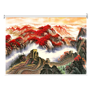 定制中式山水画卷帘窗帘办公室客厅书房遮光防晒上下卷拉风景挂画