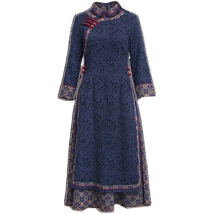 如意风改良旗袍连衣裙长袖冬季新款越南奥黛立领盘扣连衣裙23J285