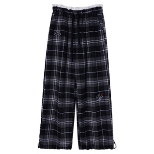 有耳uare原创设计 花心小猫Citywalk 刺绣格子毛呢休闲裤长裤