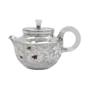 纯银999纯手工一张打银壶錾花饰金玉把泡茶壶家用茶具茶器 翠玉