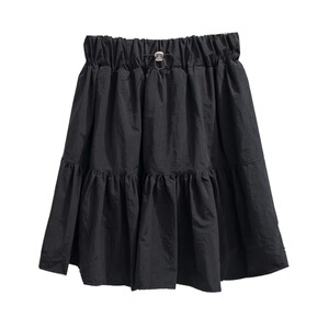 夏季韩国东大门高腰A字半身裙伞裙女抽绳拼接蓬蓬小黑裙褶皱短裙