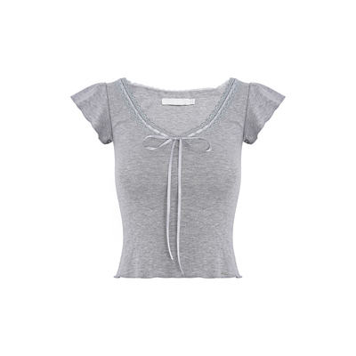 Kroche蕾丝拼接小飞袖V领短袖T恤