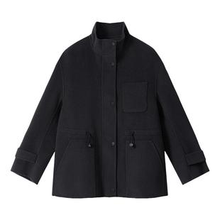 23区日系春季通勤宽松羊毛桑蚕丝混纺立领毛呢外套短大衣商场同款