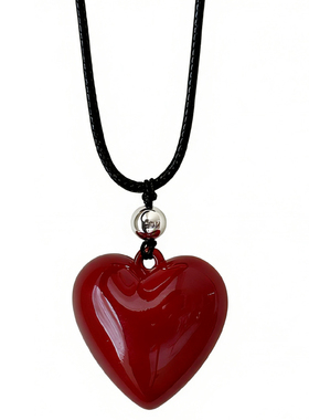 大米饰品】安克拉红爱心吊坠黑色项链2026新款长款毛衣链甜酷百搭