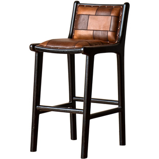 原装进口实木高脚椅复古真皮吧椅家用椅子中古吧台凳牛皮岛台餐椅