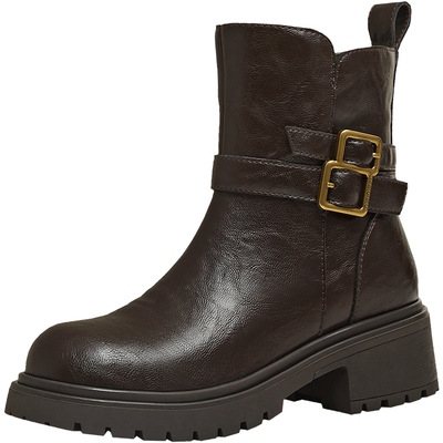 天美意复古厚底西部靴时装靴女鞋休闲短靴皮靴2025冬新款KNZ22DZ5