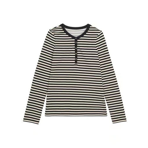 LeoMami孕妇装秋款条纹针织打底衫半开门襟纯欲风内搭T恤显瘦上衣