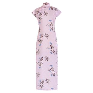 软风绮语丨一城风絮丨紫色印花提花雪纺小盖袖立领民国长旗袍